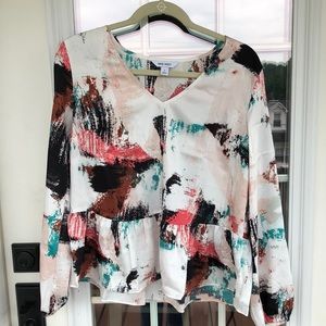 Nine West Small White Long Sleeve Multicolor Blouse Peplum NWT